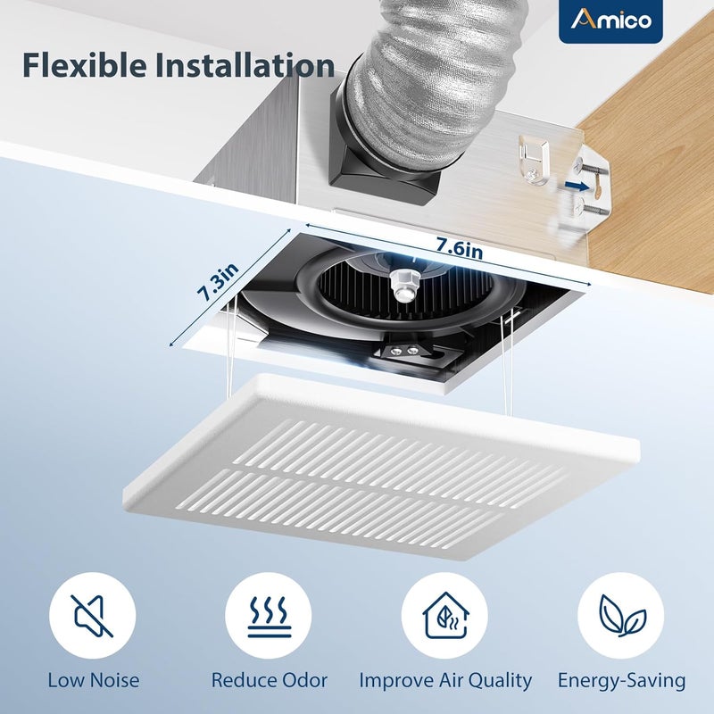 Amico مروحة شفط الحمام 2 حزمة، 80 CFM، 1.0 سون، ضوضاء منخفضة، سهلة التركيب، مروحات تهوية مثبتة على السقف، لا حاجة للوصول إلى العلية - معتمدة من UL - Image 4